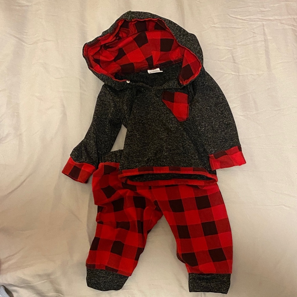 Red and Black Plaid Hoodie and Pants Set